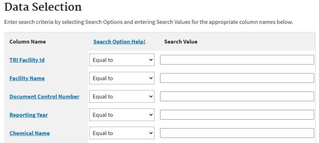 Una porción del generador de consultas en la herramienta descarga del Formulario R y Formulario A en Envirofacts