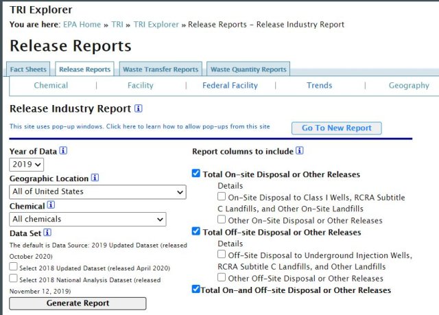Una captura de pantalla mostrando la búsqueda en la herramienta TRI Explorer donde se ingresa criterios de búsqueda 