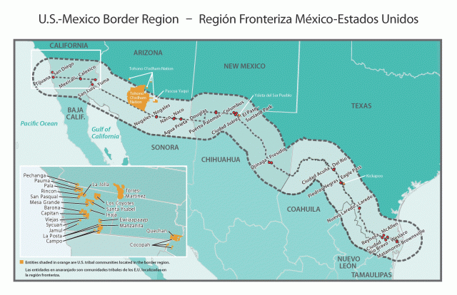 Mapa geográfico de la región del programa frontera México-Estados Unidos. Se destacan catorce ciudades hermanas y tierras tribales.
