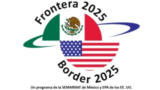 Logo del Programa Frontera 2025 con la mitad de las banderas de EE.UU. y México formando un semicírculo. Border 2025 y Frontera 2025 en forma de arco en la parte superior e inferior.